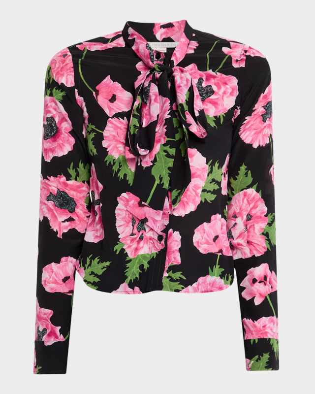 Poppy Bow-Neck Button-Down Blouse